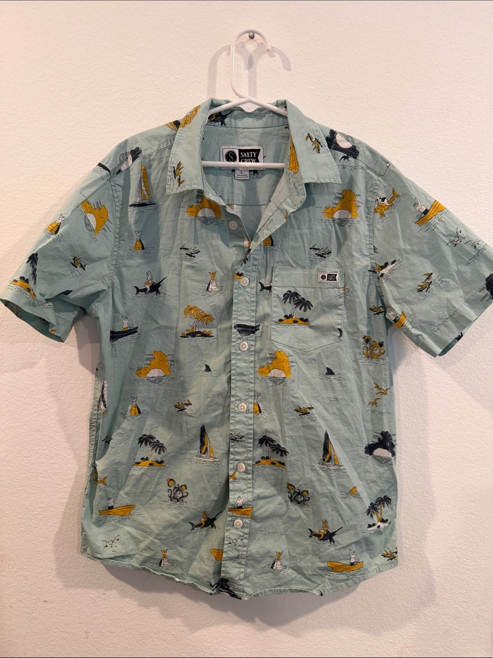 Salty Crew Men’s Sage Green Tropical Button-Up Shirt with Yellow Accents